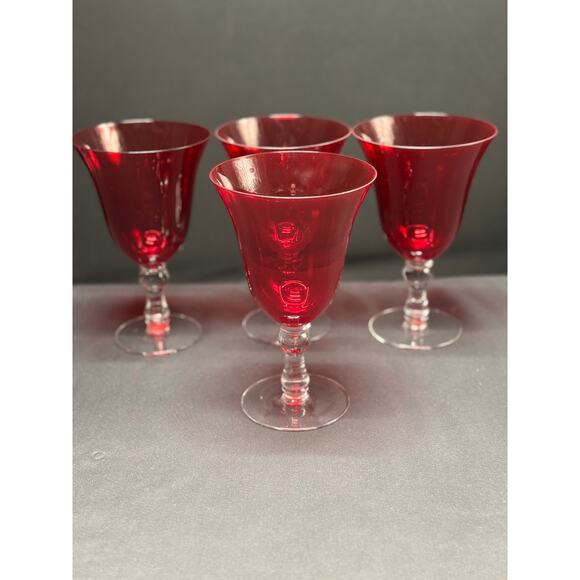 Set of 4 Ruby Red Goblets with Clear Stems – 7.5” Tall, Vintage Elegance - Picture 5 of 8